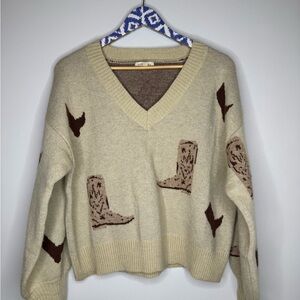 Promesa Beige V-Neck Sweater with Brown Cowboy Boot Design | Size Large